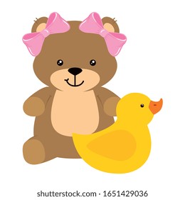 cute duck rubber with teddy bear female vector illustration design