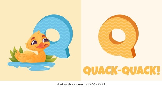 Lindo Pato diciendo quak - quak! Alfabeto animal, Serie de letras A-Z para niños. Carácter de dibujos animados de Vector de Pato para la letra Q