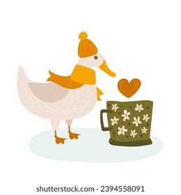 a cute duck in a scarf and hat with a mug of tea stands on the ice. children's poster with duck