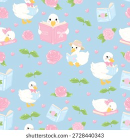 Cute Duck seamless pattern bookish bookworm booklover, whimsical pattern featuring charming ducklings, books, and roses in a soft, dreamy design, call duck pattern