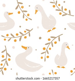 Cute duck seamless pattern. Colored ducks, twigs and berries on white background. Vector shabby hand drawn illustration