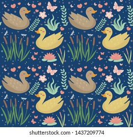 Cute duck seamless pattern with reeds, water lily, flowers, plants. Kids baby smiling animal endless texture. Vector illustration.