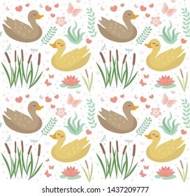 Cute duck seamless pattern with reeds, water lily, flowers, plants. Kids baby smiling animal endless texture. Vector illustration.