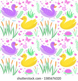 Cute duck seamless pattern with reeds, water lily, flowers, plants. Kids baby smiling animal endless texture. Vector illustration.