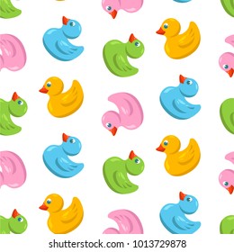 Cute Duck seamless pattern in yellow, white, blue, green colors for any design. Vector flat illustration