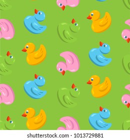 Cute Duck seamless pattern in yellow, white, blue, green colors for any design. Vector flat illustration