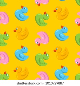 Cute Duck seamless pattern in yellow, white, blue, green colors for any design. Vector flat illustration