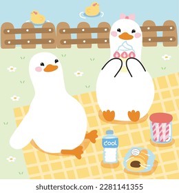 Cute duck sit and eat cake in the garden with river for picnic.Farm animal character cartoon design.Holiday.Relax day.Kawaii.Vector.Illustration.