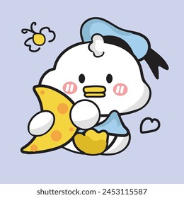 cute duck is sitting with hug a moon dool cartoon character 