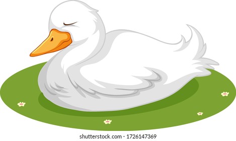Cute duck sleeping on grass illustration
