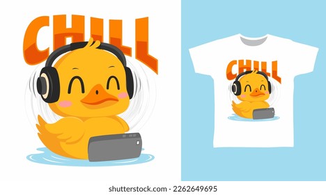 Cute duck with smart phone cartoon tshirt arts design