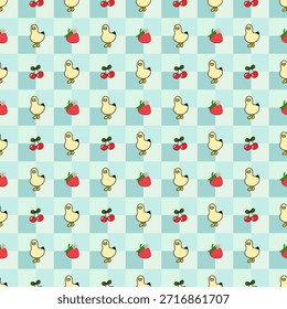Cute duck, strawberry, and cherry seamless patterns. Adorable cartoon and animal designs, perfect for wallpapers and children's designs during the holiday season.
