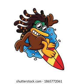 Cute Duck Surfing with Cool Expression Cartoon Vector Icon Illustration. Animal Icon Concept White Isolated.