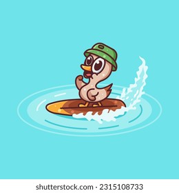 A cute duck is surfing on the beach in summertime