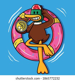 Cute Duck Swimming With Balloon And Holding Juice Cartoon Vector Icon Illustration. Animal Holiday Icon Concept Isolated Premium Vector.