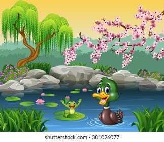 Cute duck swimming with frog