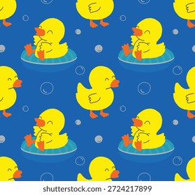 Patrón inconsútil lindo de la natación del pato en fondo azul
