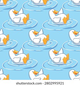 Cute duck swimming seamless pattern, cartoon white bird in water pond background for nursery wallpaper