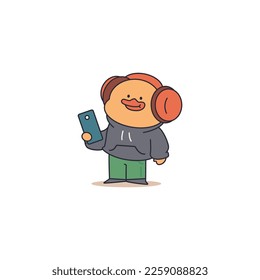 Adolescente de pato lindo en la caricatura vectorial de auriculares divertido personaje animal aislado en un fondo blanco.