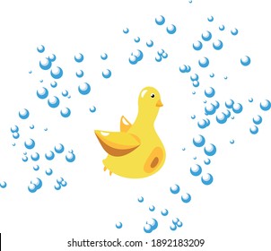 Cute duck toy in the shower foam. Yellow children illustration