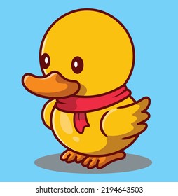 Cute duck with umbrella in the rain cartoon icon illustration