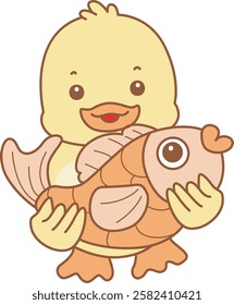 Cute Duck vector icon. Funny baby Duck animal series stock illustration. life of fluffy Duck designs.
Duck is bring a gold fish