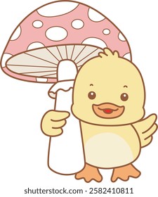 Cute Duck vector icon. Funny baby Duck animal series stock illustration. life of fluffy Duck designs.
Duck is bring a big mushroom