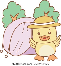 Cute Duck vector icon. Funny baby Duck animal series stock illustration. life of fluffy Duck designs.
Duck was camping with tent