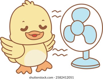 Cute Duck vector icon. Funny baby Duck animal series stock illustration. life of fluffy Duck designs.
Duck with fan and feel the air