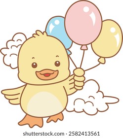 Cute Duck vector icon. Funny baby Duck animal series stock illustration. life of fluffy Duck designs.
Duck bring a three balloons