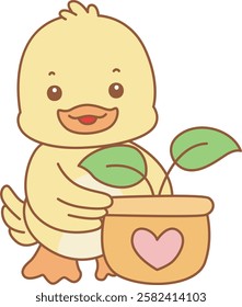 Cute Duck vector icon. Funny baby Duck animal series stock illustration. life of fluffy Duck designs.
Duck bring a plant in the pot