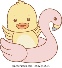 Cute Duck vector icon. Funny baby Duck animal series stock illustration. life of fluffy Duck designs.
Duck is in the flamingo tire