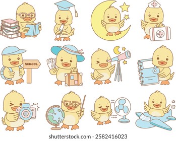 Cute Duck vector icon. Funny baby Duck animal series stock illustration. life of fluffy Duck designs.
Smart duck with variation of study and school