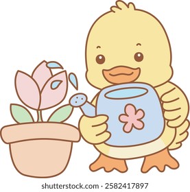 Cute Duck vector icon. Funny baby Duck animal series stock illustration. life of fluffy Duck designs.
Duck was watering a plants