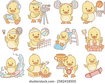 Cute Duck vector icon. Funny baby Duck animal series stock illustration. life of fluffy Duck designs.
A little duck with variation of sports