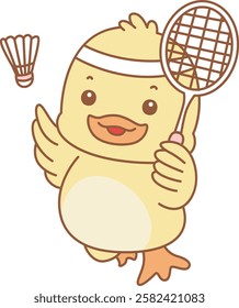 Cute Duck vector icon. Funny baby Duck animal series stock illustration. life of fluffy Duck designs.
Duck playing a badminton