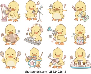 Cute Duck vector icon. Funny baby Duck animal series stock illustration. life of fluffy Duck designs.
Duck with variation of instrument and music