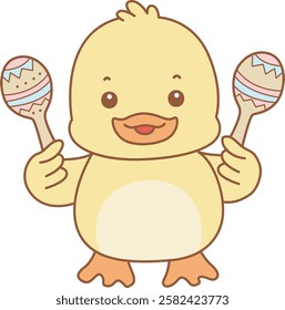 Cute Duck vector icon. Funny baby Duck animal series stock illustration. life of fluffy Duck designs.
Duck playing a maracas