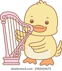 Cute Duck vector icon. Funny baby Duck animal series stock illustration. life of fluffy Duck designs.
Duck playing a harpa