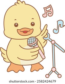 Cute Duck vector icon. Funny baby Duck animal series stock illustration. life of fluffy Duck designs.
Duck is sing a song with microphone