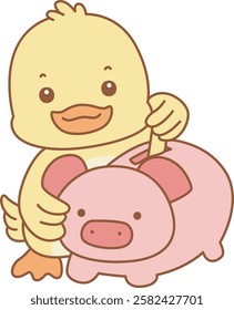 Cute Duck vector icon. Funny baby Duck animal series stock illustration. life of fluffy Duck designs.
Duck is saving money in the piggy bank