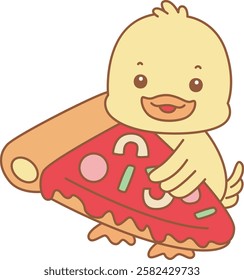 Cute Duck vector icon. Funny baby Duck animal series stock illustration. life of fluffy Duck designs.
Duck bring a big pizza