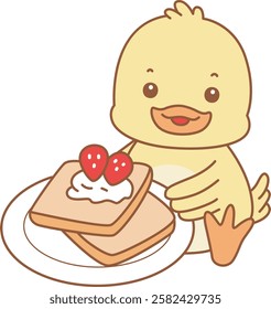 Cute Duck vector icon. Funny baby Duck animal series stock illustration. life of fluffy Duck designs.
Duck bring a strawberry bread