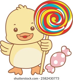 Cute Duck vector icon. Funny baby Duck animal series stock illustration. life of fluffy Duck designs.
Duck bring a big lollipop