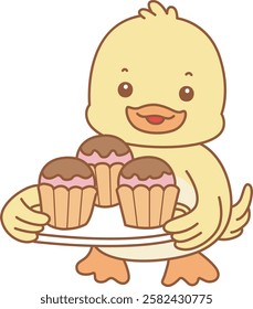 Cute Duck vector icon. Funny baby Duck animal series stock illustration. life of fluffy Duck designs.
Duck bring a three of cupcakes