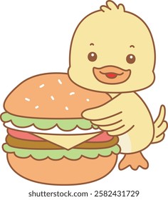 Cute Duck vector icon. Funny baby Duck animal series stock illustration. life of fluffy Duck designs.
Duck is hugging a big burger