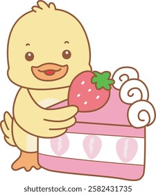 Cute Duck vector icon. Funny baby Duck animal series stock illustration. life of fluffy Duck designs.
Duck is hugging a strawberry cake