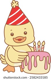 Cute Duck vector icon. Funny baby Duck animal series stock illustration. life of fluffy Duck designs.
Duck bring a birthday cake