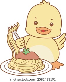 Cute Duck vector icon. Funny baby Duck animal series stock illustration. life of fluffy Duck designs.
Duck want to eating spaghetti