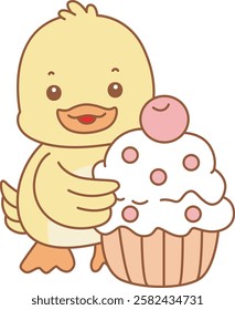 Cute Duck vector icon. Funny baby Duck animal series stock illustration. life of fluffy Duck designs.
Duck bring a creamy cupcake